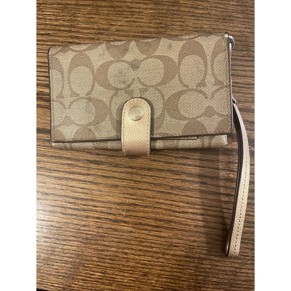 COACH Snap Bi-Fold Wallet Zipper Clutch Wristlet Brown & Gold Keychain Monogram